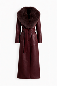 Mantou Couture din Piele Burgundy cu Guler din Blană Made to Measure