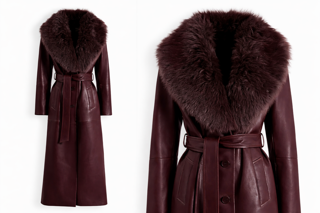 Mantou Couture din Piele Burgundy cu Guler din Blană Made to Measure