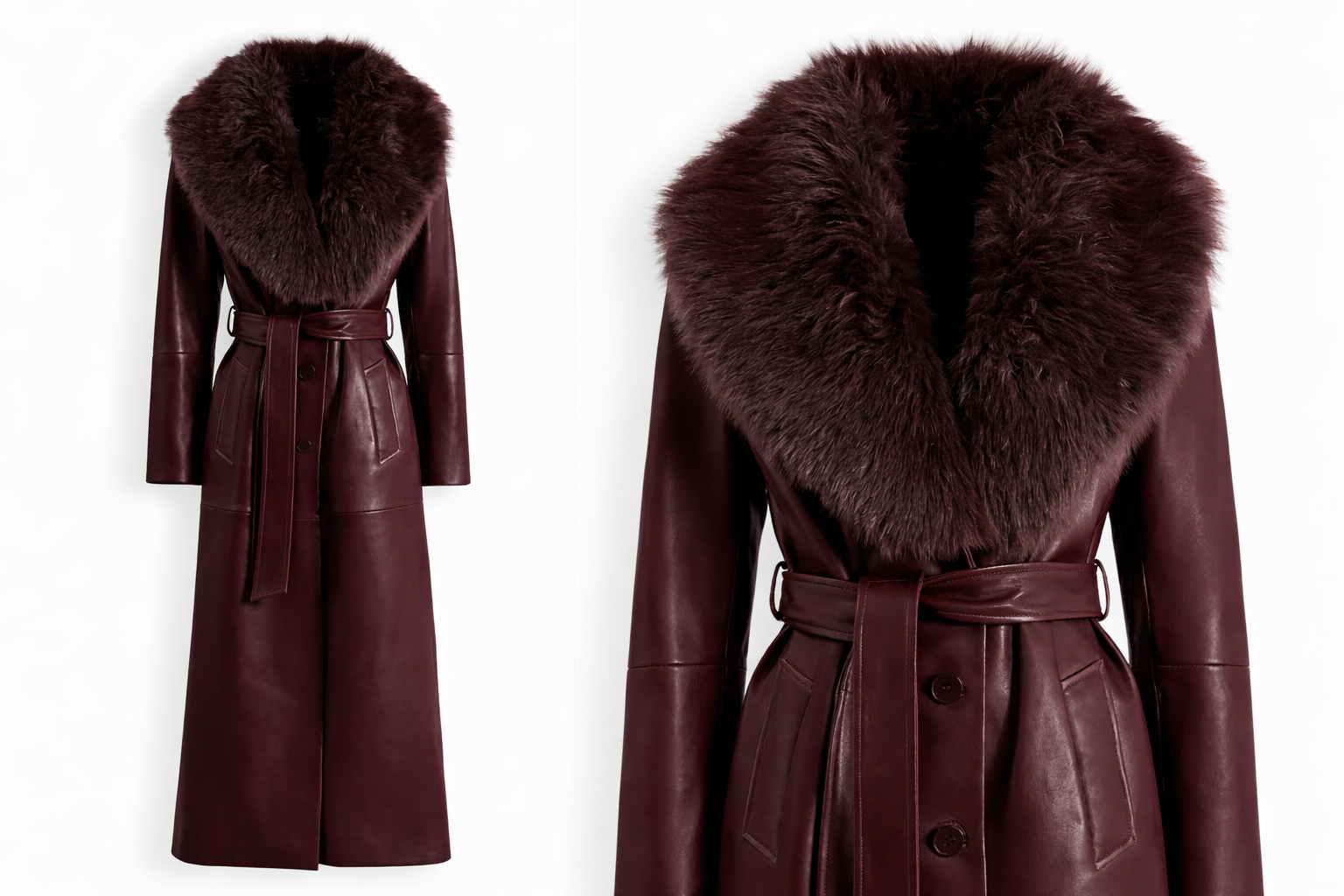 Mantou Couture din Piele Burgundy cu Guler din Blană Made to Measure